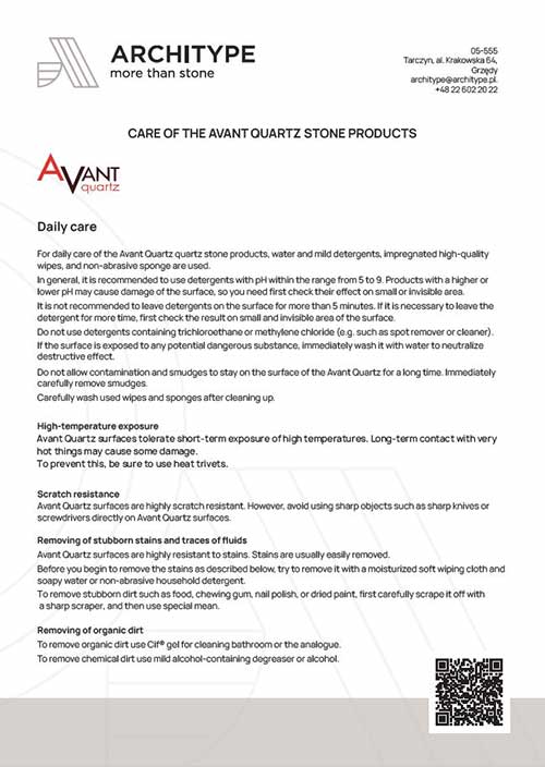 Avant Quartz. Produktų priežiūros instrukcija